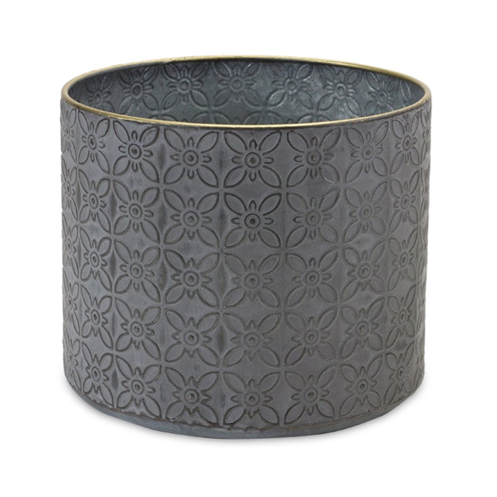 Set of Four Gray Metal 22 Ounce Geometric Round Distressed Pot Planters