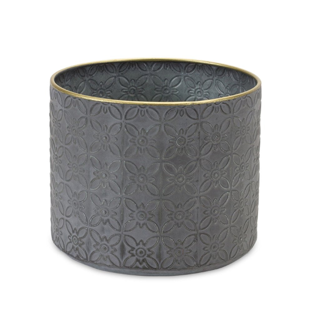 Set of Four Gray Metal 22 Ounce Geometric Round Distressed Pot Planters
