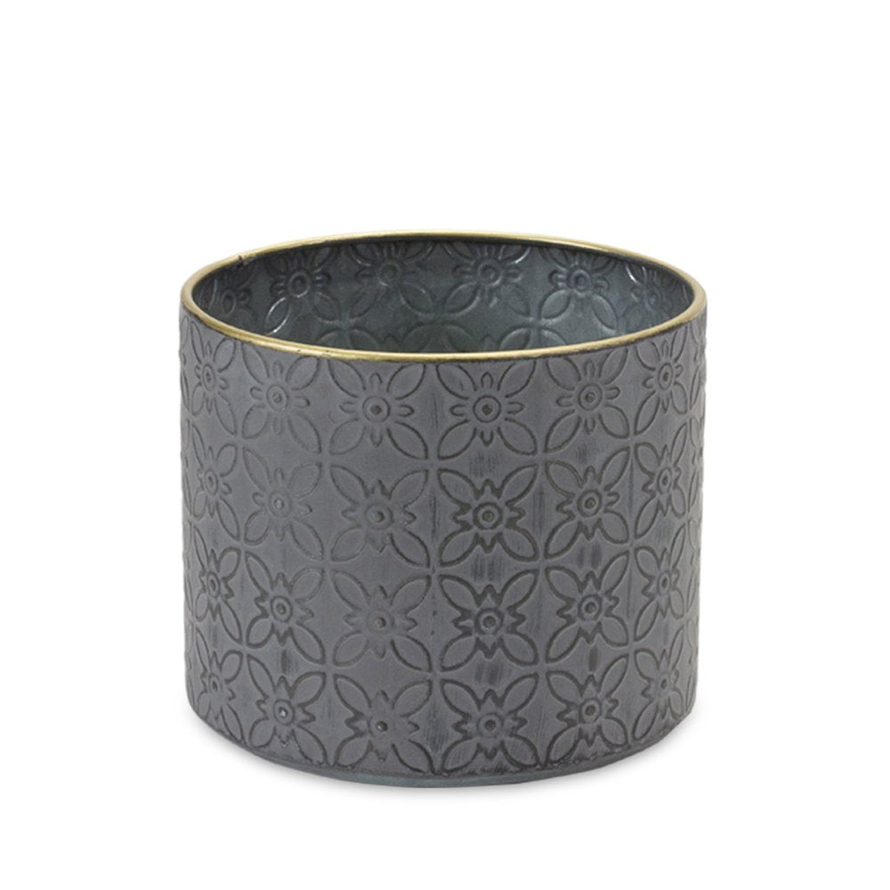 Set of Four Gray Metal 22 Ounce Geometric Round Distressed Pot Planters