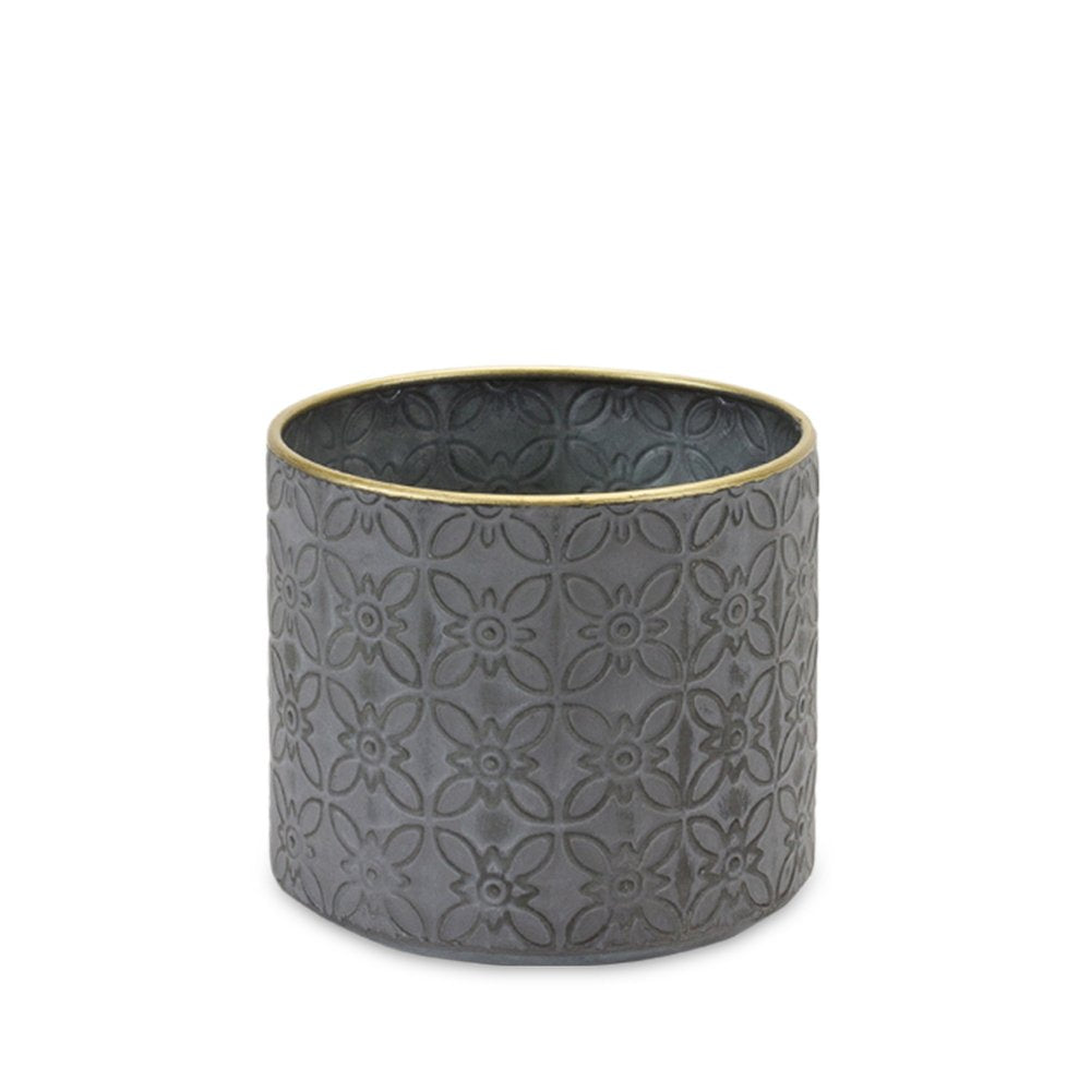 Set of Four Gray Metal 22 Ounce Geometric Round Distressed Pot Planters