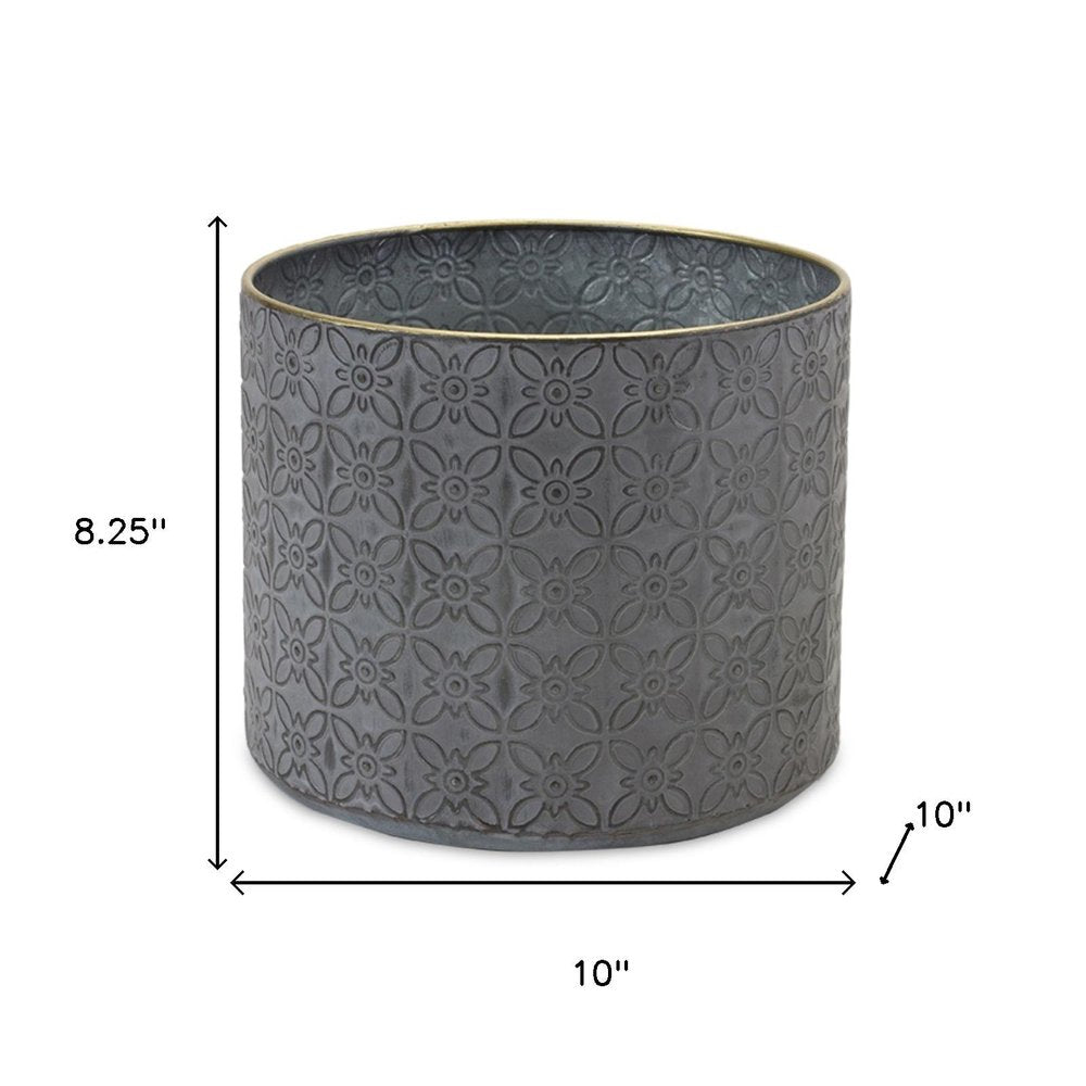 Set of Four Gray Metal 22 Ounce Geometric Round Distressed Pot Planters