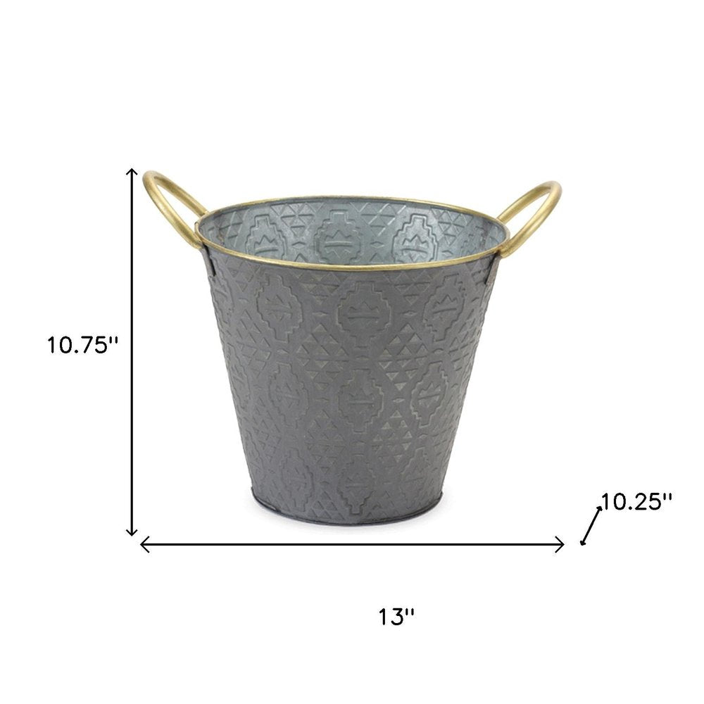 Set of Three Gold And Gray Metal 48 Ounce Geometric Round Distressed Pot Planters
