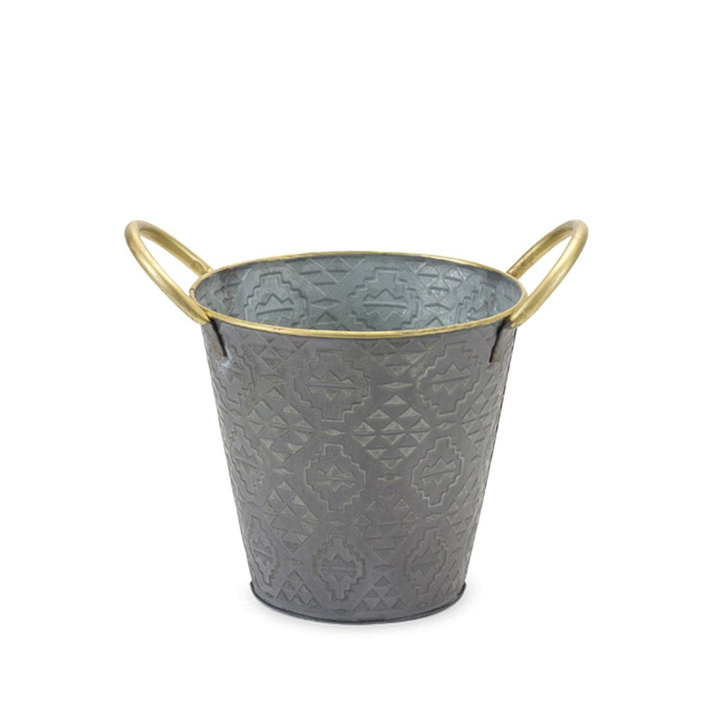 Set of Three Gold And Gray Metal 48 Ounce Geometric Round Distressed Pot Planters