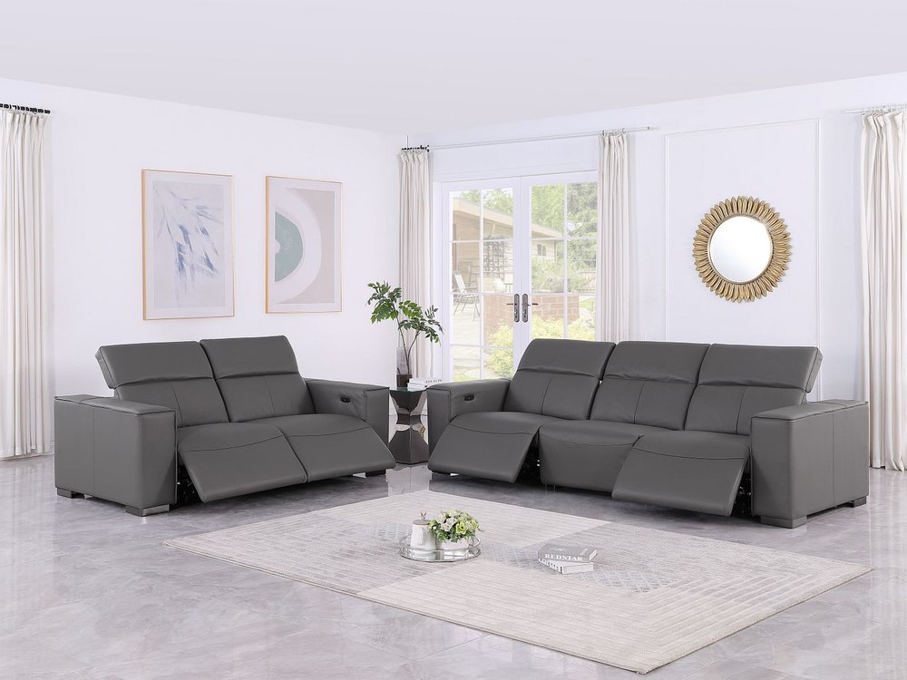 Two Piece Dark Gray Genuine Leather Five Person Seating Set
