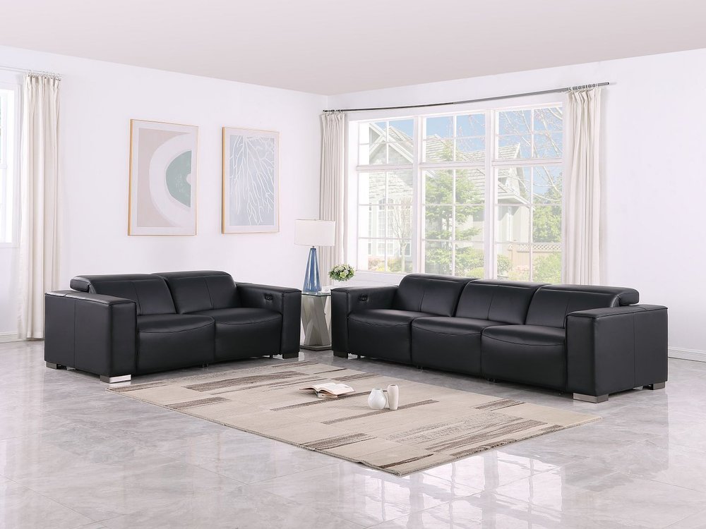 Two Piece Black Genuine Leather Five Person Seating Set