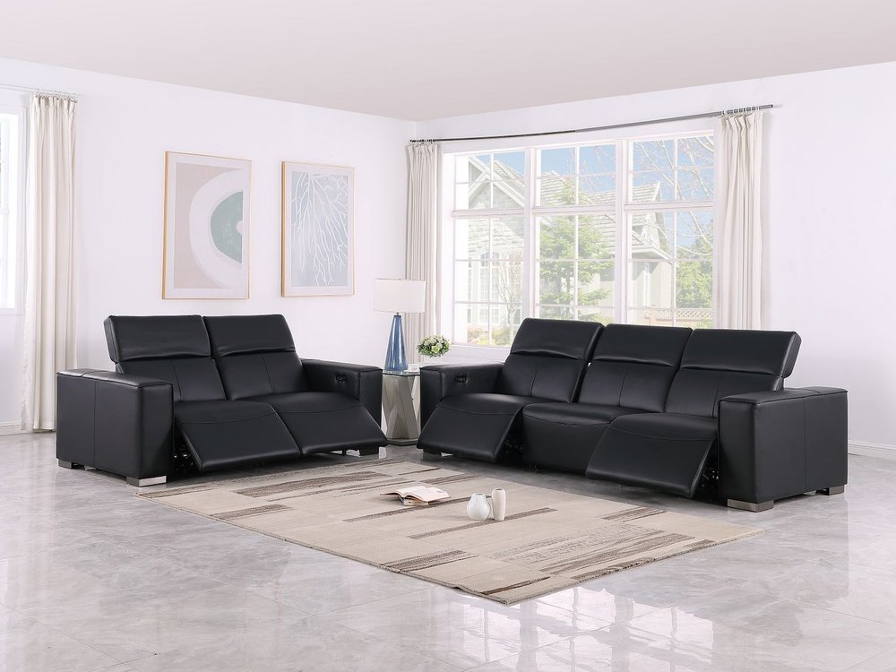Two Piece Black Genuine Leather Five Person Seating Set