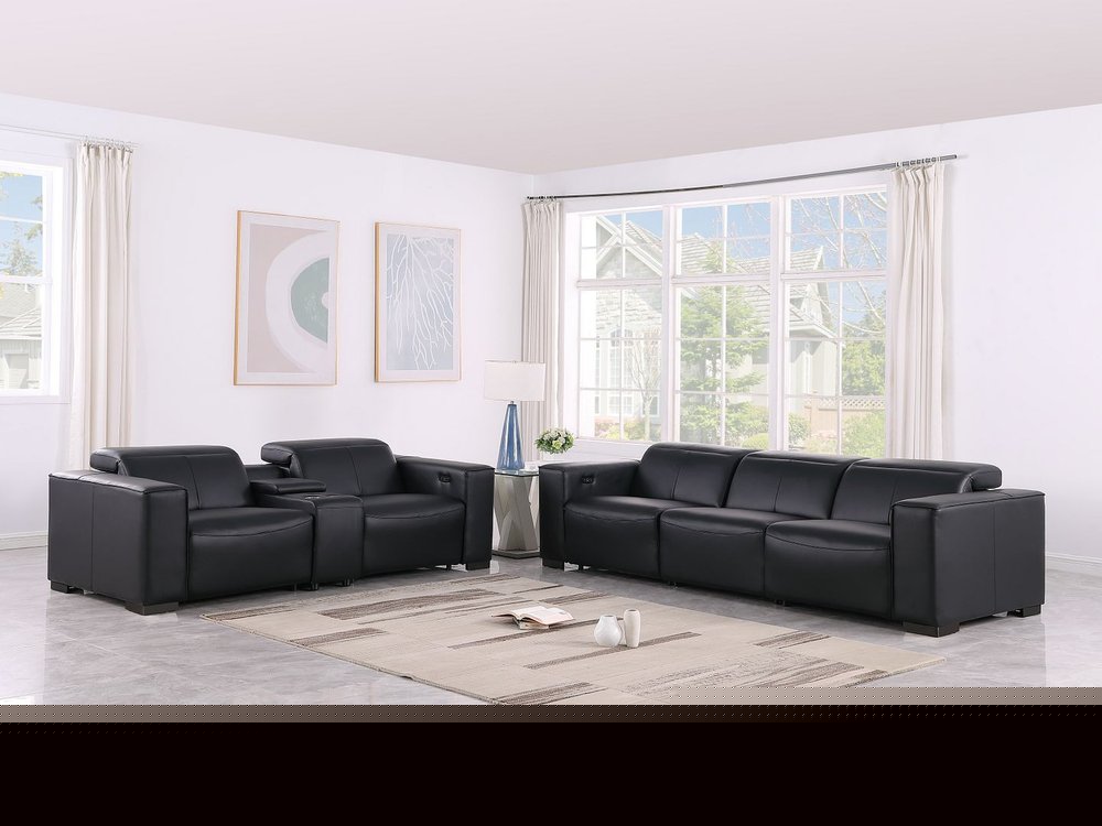 Two Piece Black Genuine Leather Five Person Seating Set