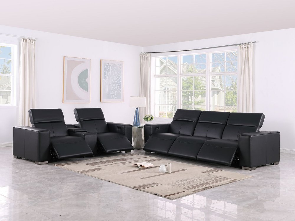 Two Piece Black Genuine Leather Five Person Seating Set