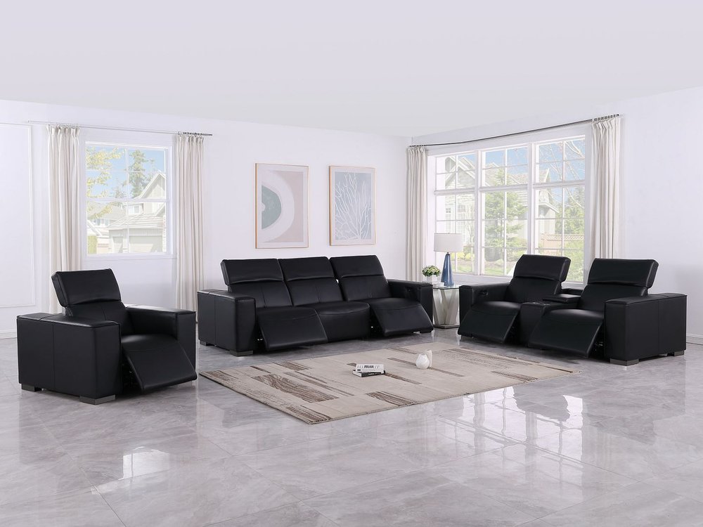 Two Piece Black Genuine Leather Five Person Seating Set