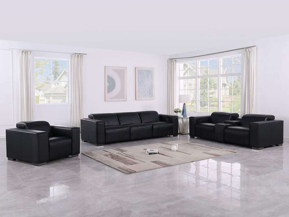 Two Piece Black Genuine Leather Five Person Seating Set