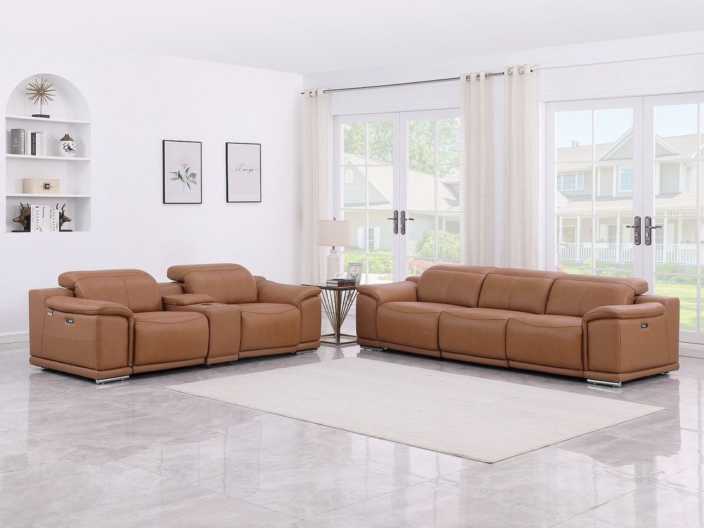 Two Piece Chestnut Genuine Leather Five Person Seating Set