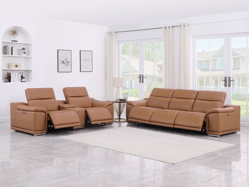 Two Piece Chestnut Genuine Leather Five Person Seating Set