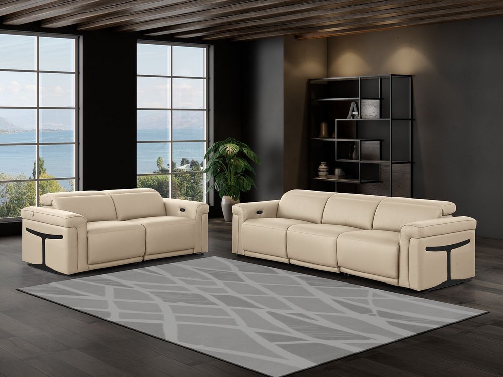 Two Piece Beige Italian Leather Five Person Seating Set