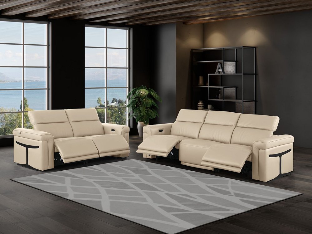 Two Piece Beige Italian Leather Five Person Seating Set