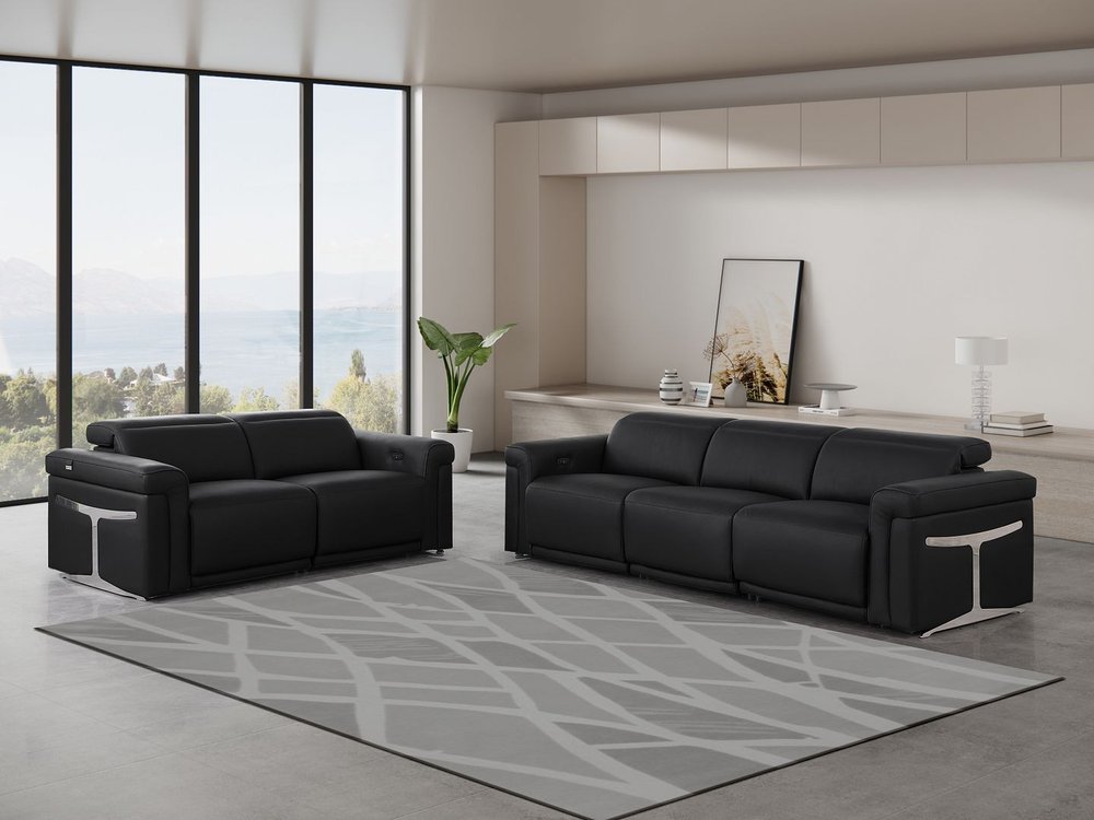 Two Piece Black Italian Leather Five Person Seating Set