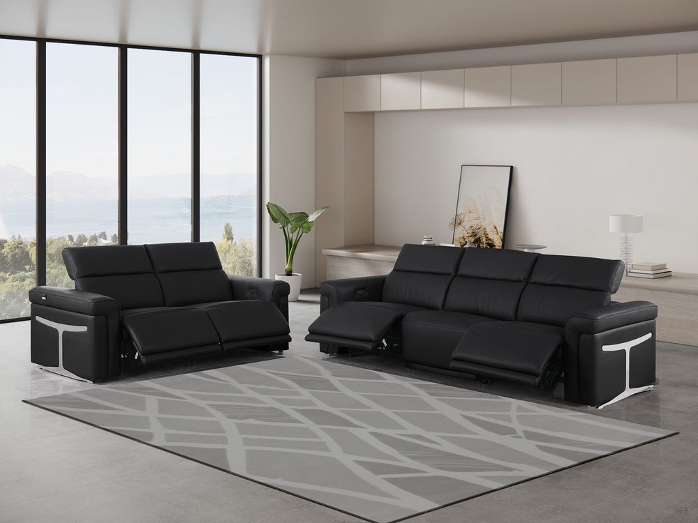 Two Piece Black Italian Leather Five Person Seating Set