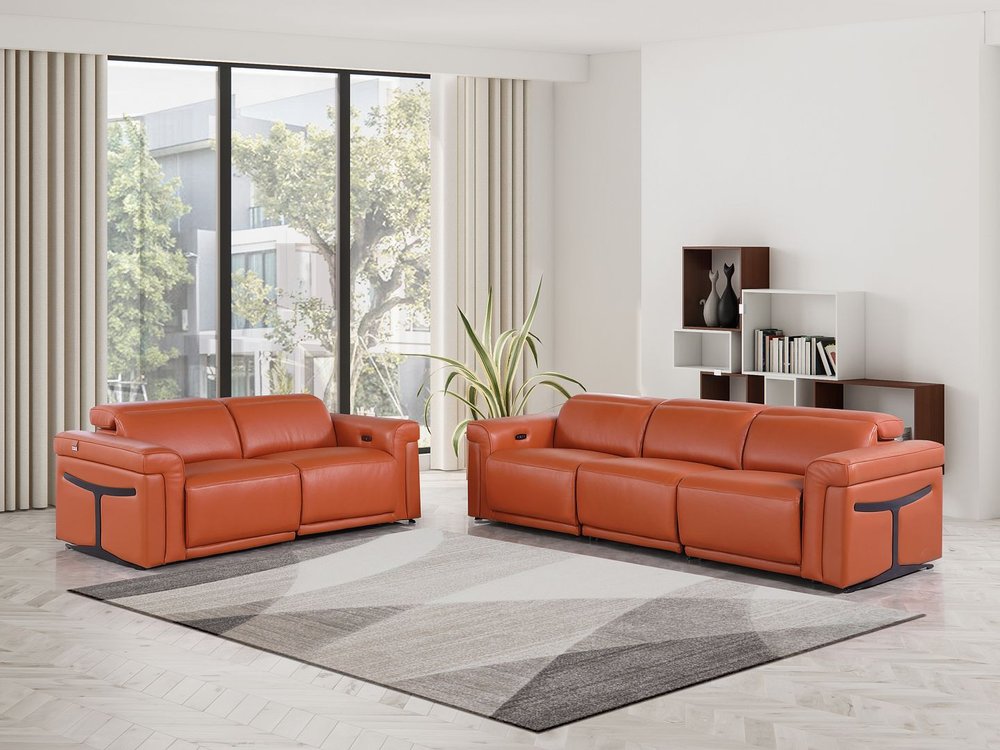 Two Piece Camel Italian Leather Five Person Seating Set