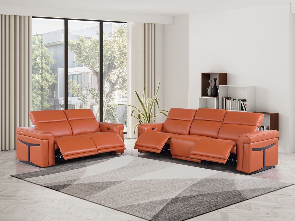 Two Piece Camel Italian Leather Five Person Seating Set