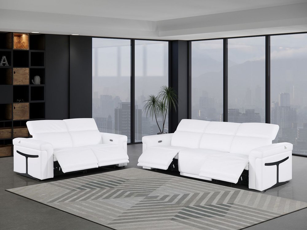 Two Piece White Italian Leather Five Person Seating Set