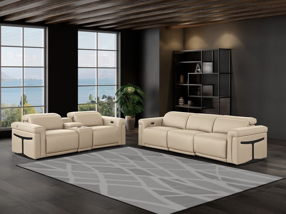 Two Piece Beige Italian Leather Five Person Seating Set