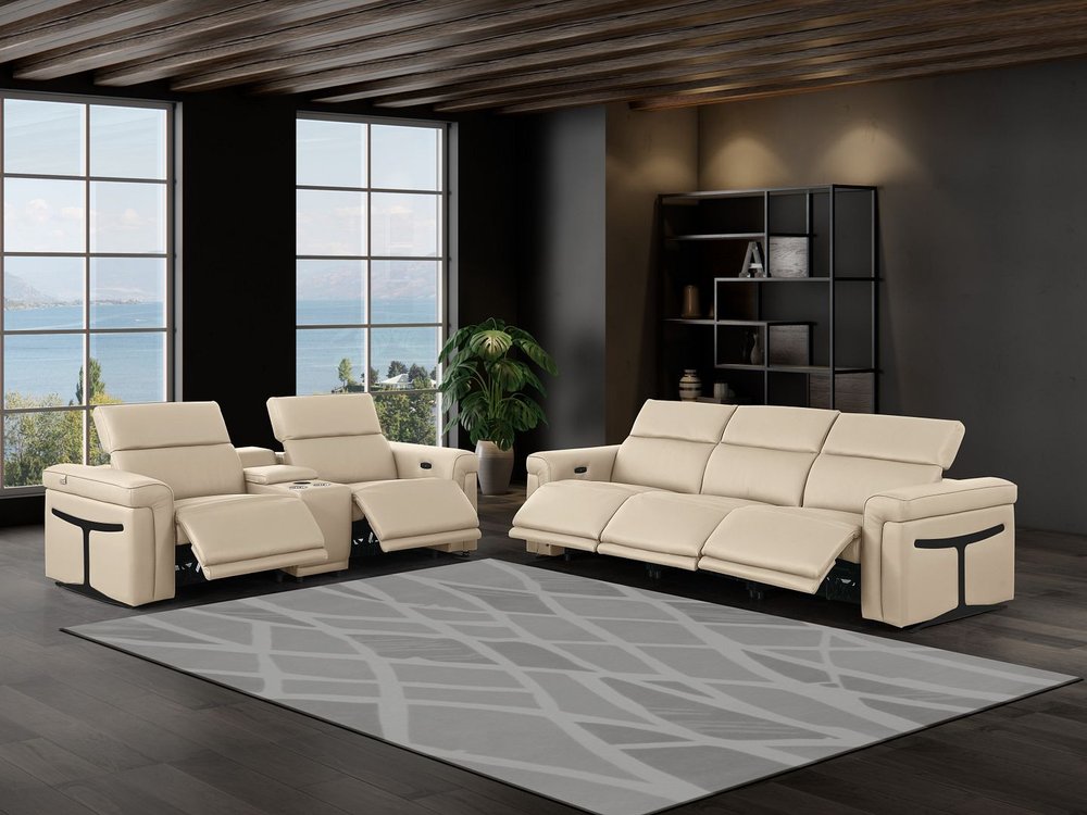 Two Piece Beige Italian Leather Five Person Seating Set