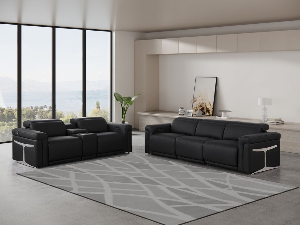 Two Piece Black Italian Leather Five Person Seating Set