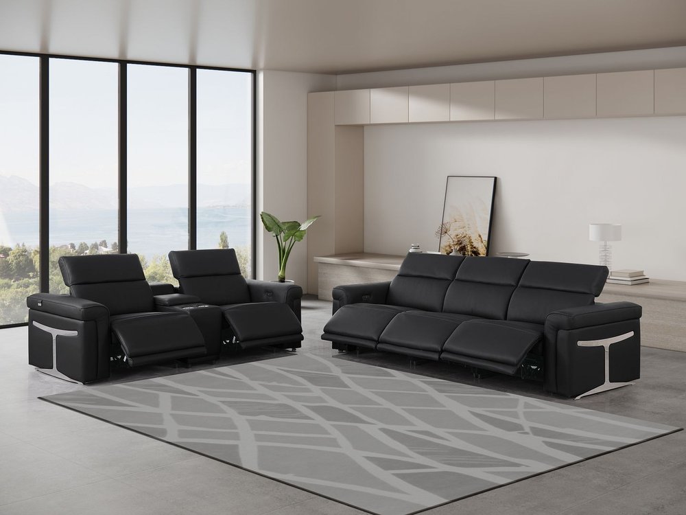 Two Piece Black Italian Leather Five Person Seating Set