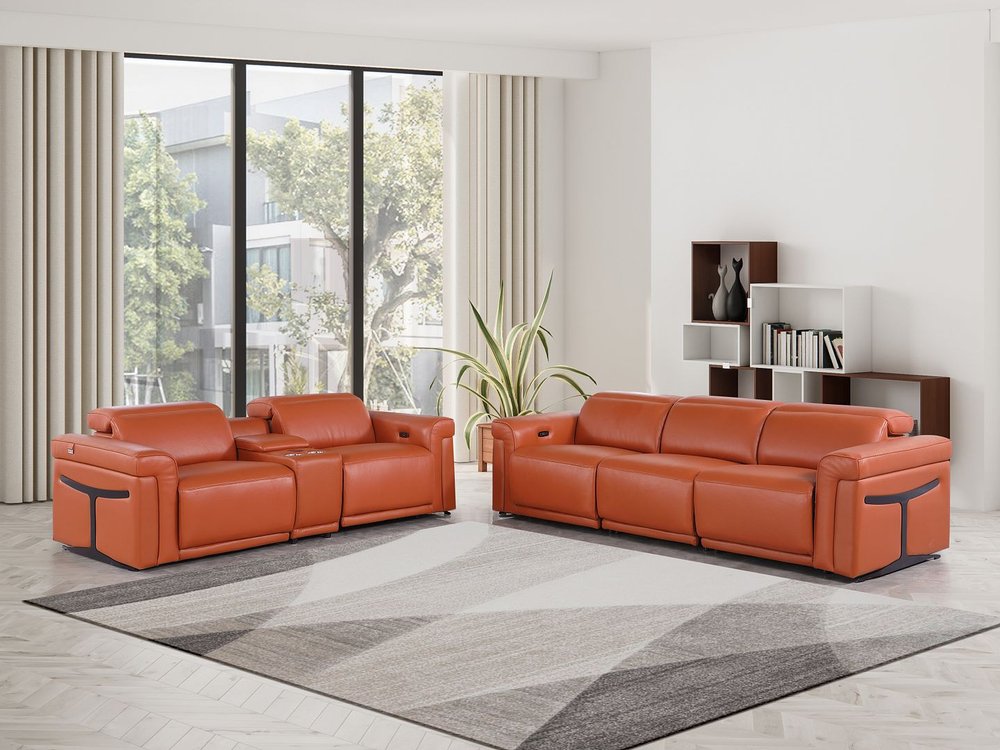 Two Piece Camel Italian Leather Five Person Seating Set