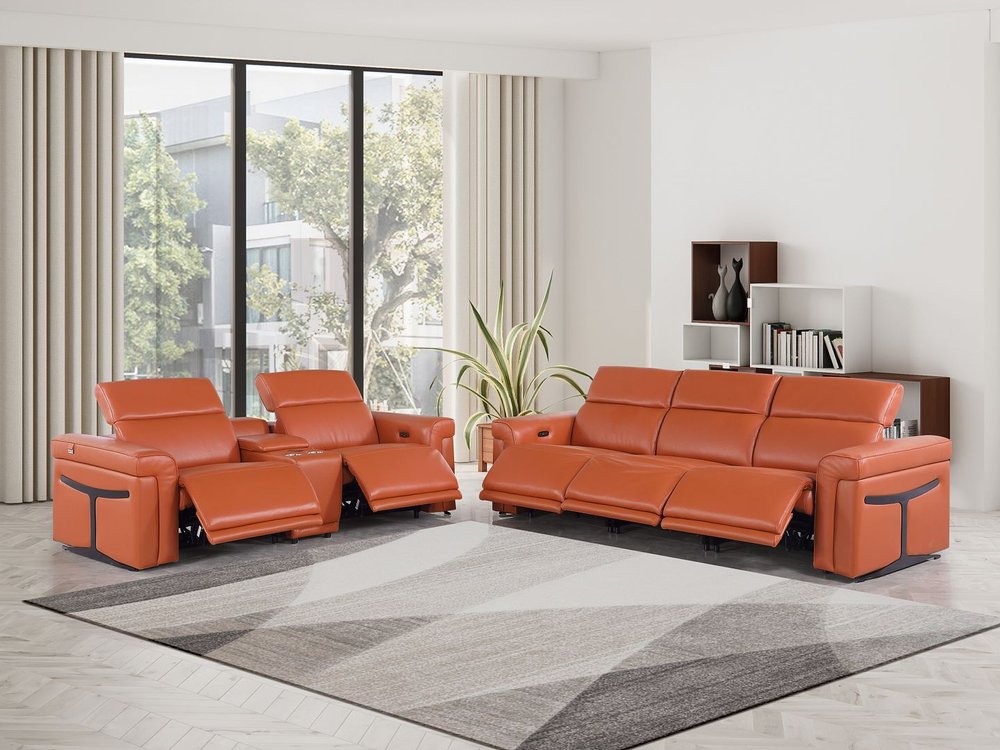 Two Piece Camel Italian Leather Five Person Seating Set