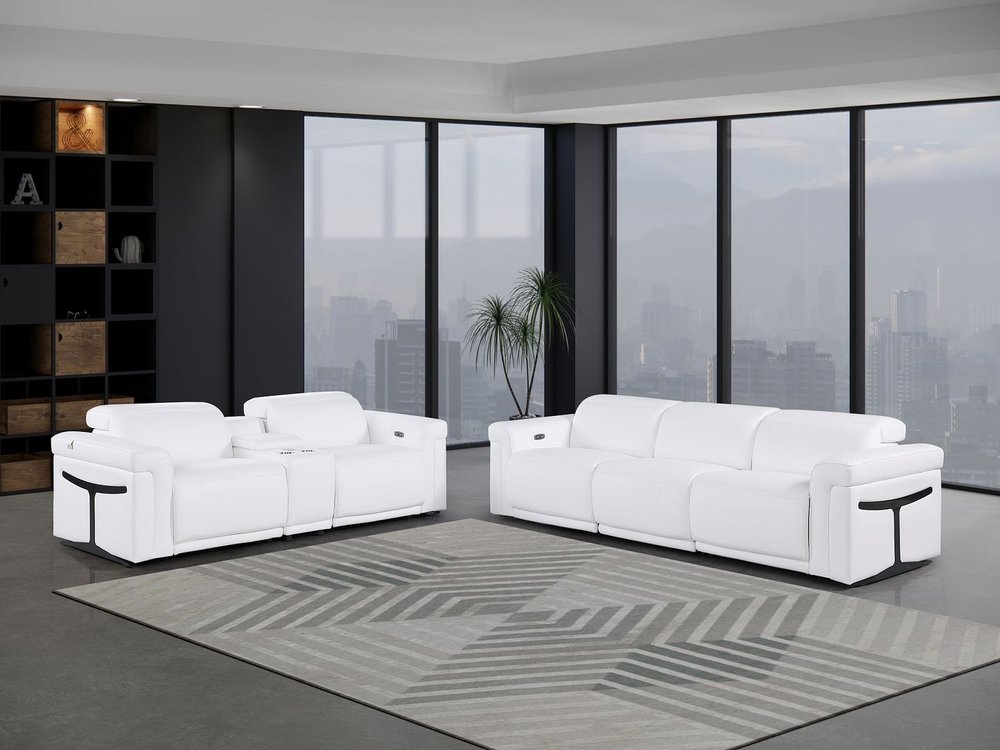 Two Piece White Italian Leather Five Person Seating Set