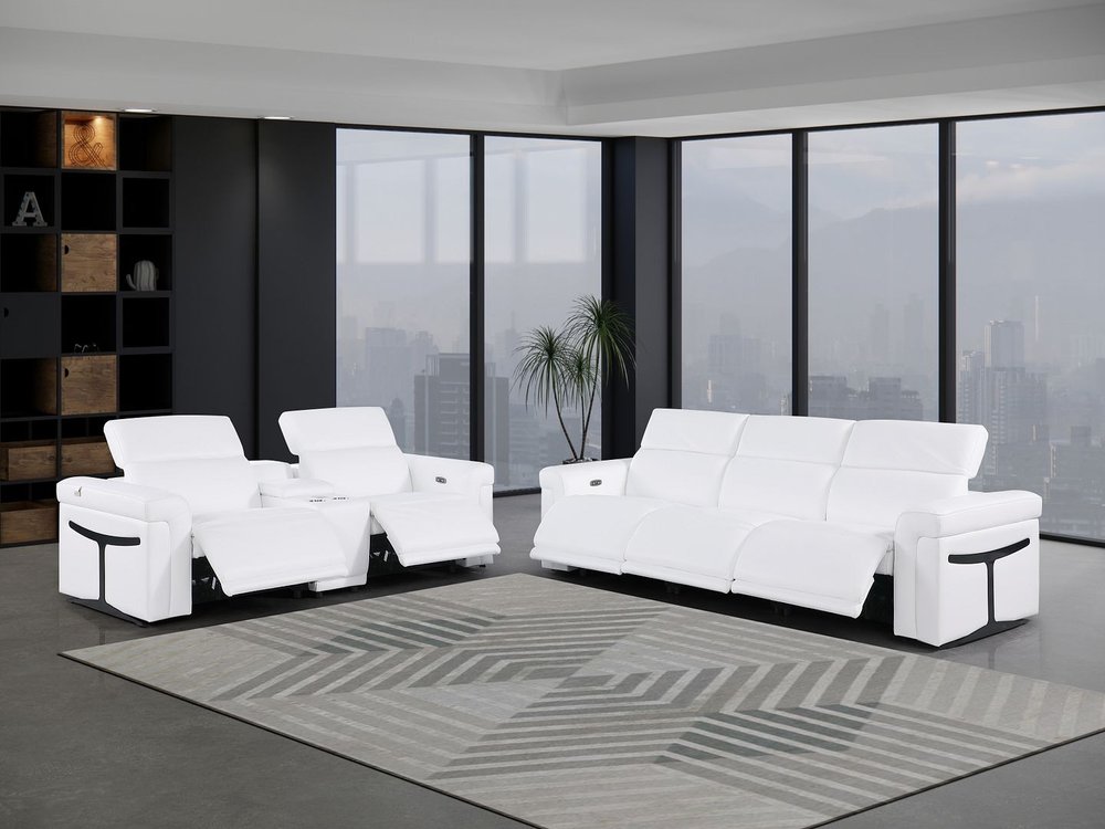 Two Piece White Italian Leather Five Person Seating Set
