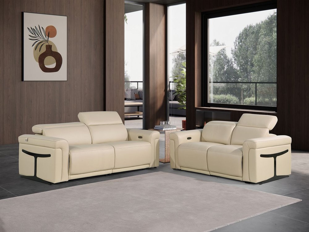 Two Piece Beige Italian Leather Five Person Seating Set