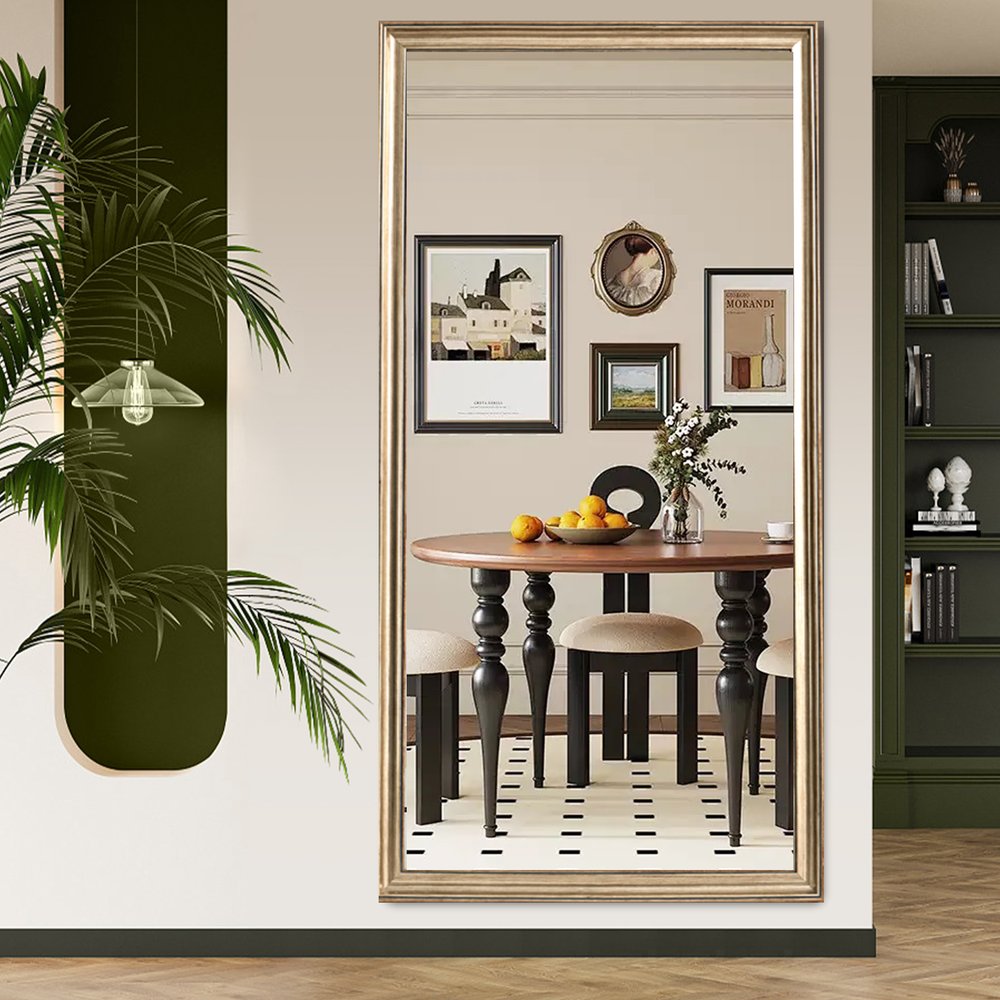 71" Golden Brown Wood Wall Mounted And Leaning Framed Full Length Mirror