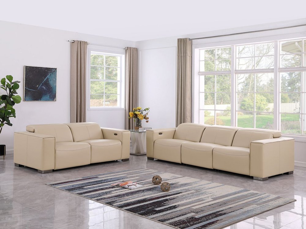 Two Piece Beige Genuine Leather Five Person Seating Set