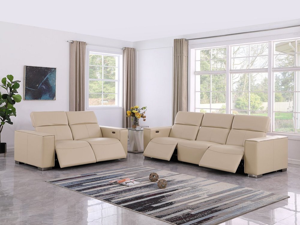 Two Piece Beige Genuine Leather Five Person Seating Set