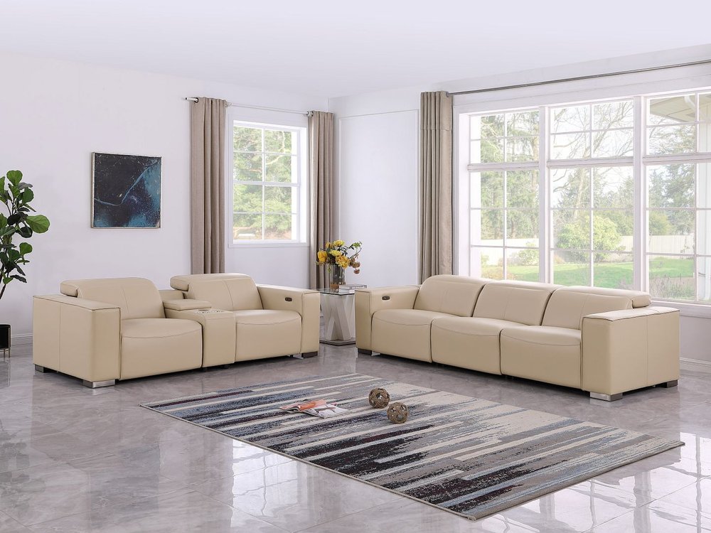 Two Piece Beige Genuine Leather Five Person Seating Set