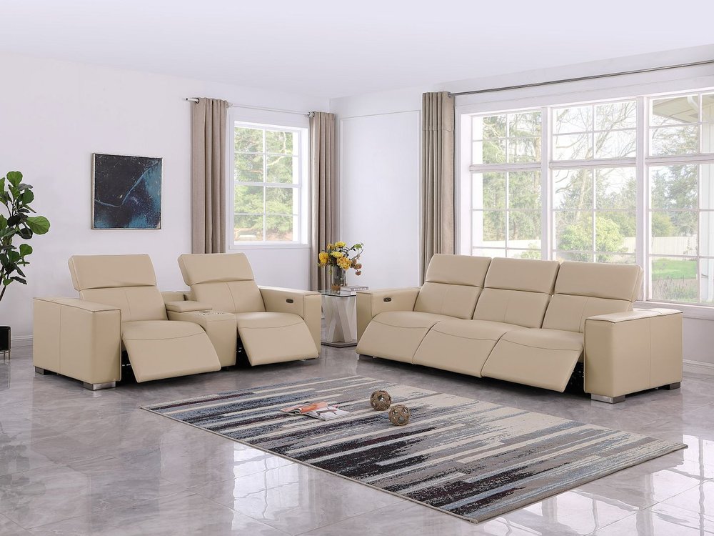 Two Piece Beige Genuine Leather Five Person Seating Set
