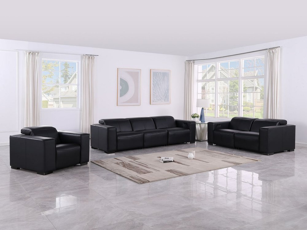 Two Piece Black Genuine Leather Five Person Seating Set