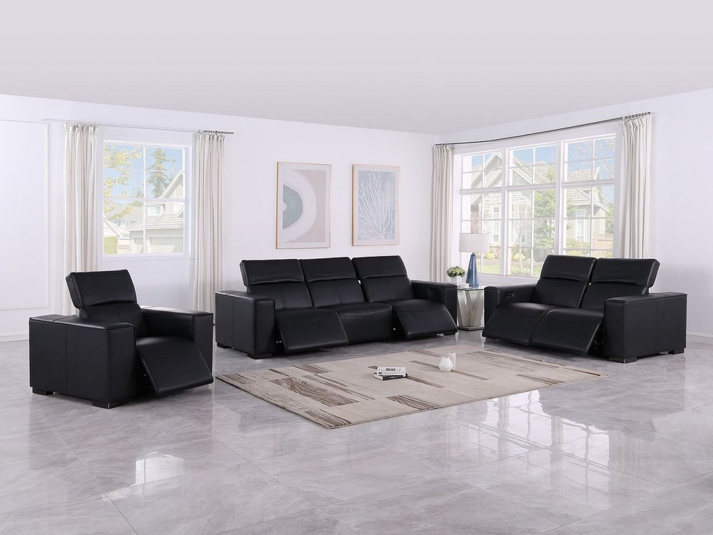 Two Piece Black Genuine Leather Five Person Seating Set