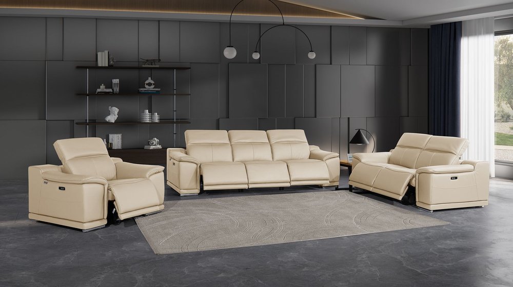 Three Piece Beige Genuine Leather Six Person Seating Set