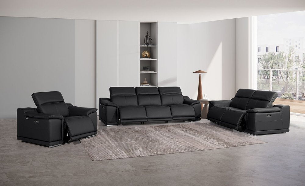 Three Piece Black Genuine Leather Six Person Seating Set