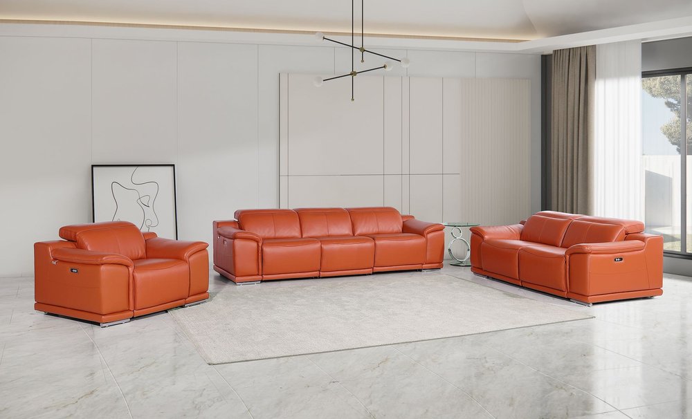 Three Piece Camel Genuine Leather Six Person Seating Set