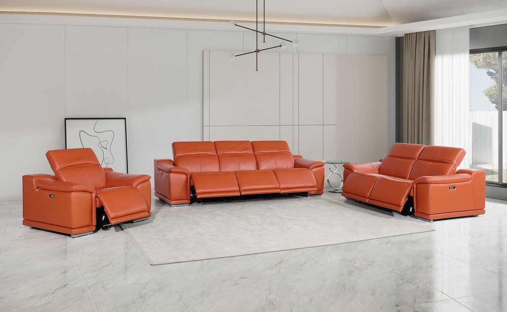 Three Piece Camel Genuine Leather Six Person Seating Set