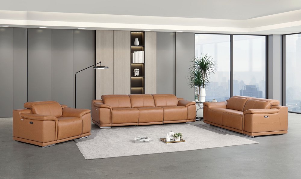 Three Piece Chestnut Genuine Leather Six Person Seating Set
