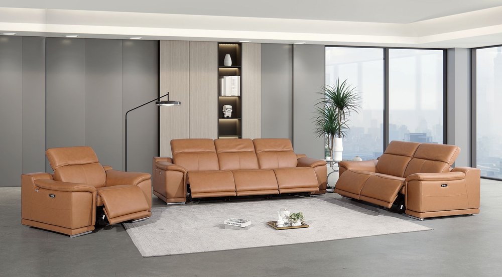 Three Piece Chestnut Genuine Leather Six Person Seating Set