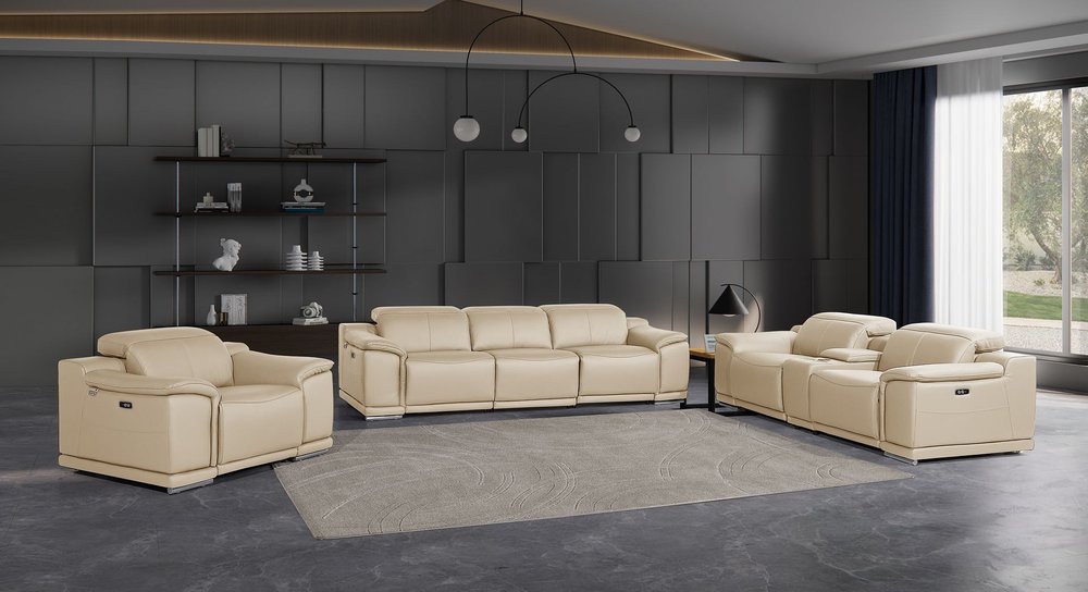 Three Piece Beige Genuine Leather Six Person Seating Set