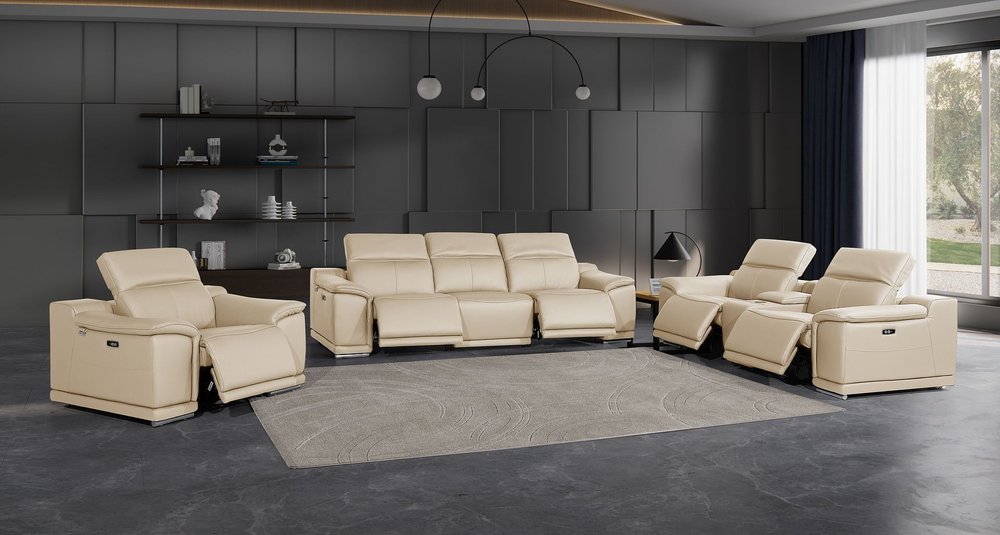 Three Piece Beige Genuine Leather Six Person Seating Set