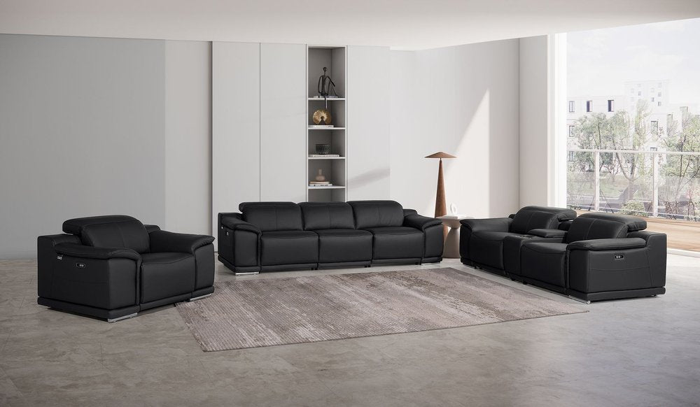 Three Piece Black Genuine Leather Six Person Seating Set