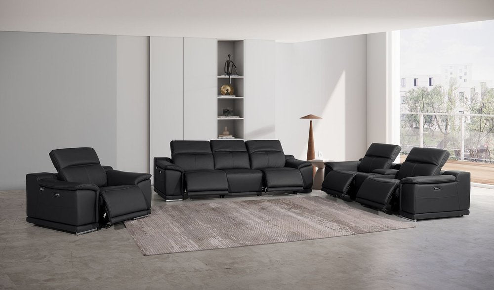 Three Piece Black Genuine Leather Six Person Seating Set
