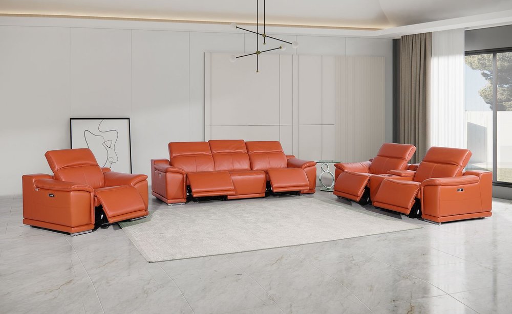 Three Piece Camel Genuine Leather Six Person Seating Set